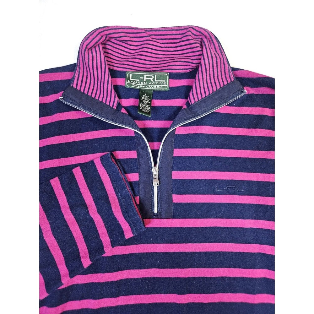 Lauren Ralph Lauren Active Shirt Women Large Pink Blue Stripe 1/4 Zip 3/4 Sleeve